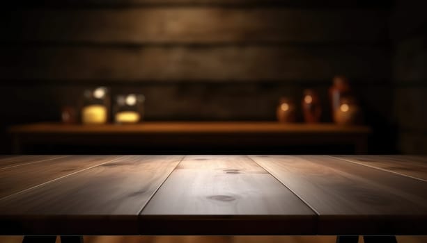 Empty wooden table for product display with blurred dark living room background. Genrative AI.