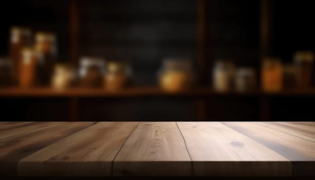 Empty wooden table with copy space against dark rustic living room background. Generative AI.