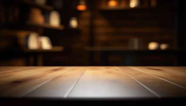 Empty wooden table with copy space against dark rustic living room background. Generative AI.