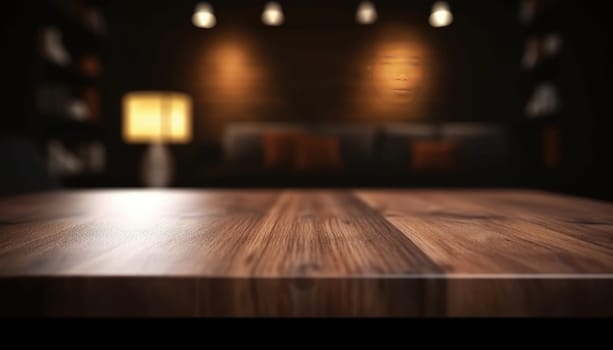 Empty wooden table with copy space against dark rustic living room background. Generative AI.