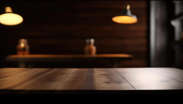 Empty wooden table with copy space against dark rustic living room background. Generative AI.