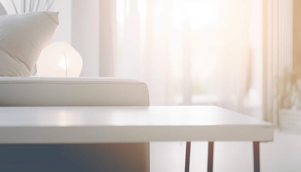 White empty table with modern living room in the morning. Generative AI.
