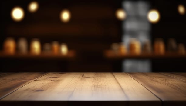 Dark wooden empty table for product display with blurrd living room background. Generative AI.