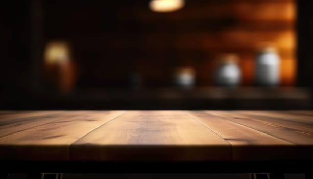 Dark wooden empty table for product display with blurrd living room background. Generative AI.