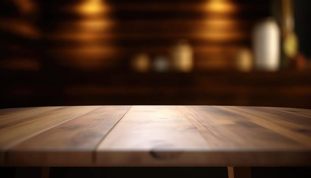 Empty wooden table with copy space against dark rustic living room background. Generative AI.