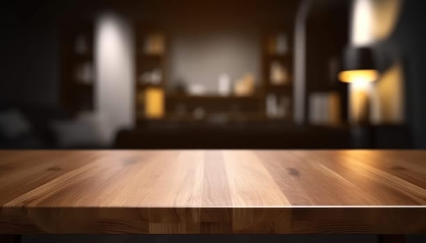 Empty wooden table with copy space against dark rustic living room background. Generative AI.