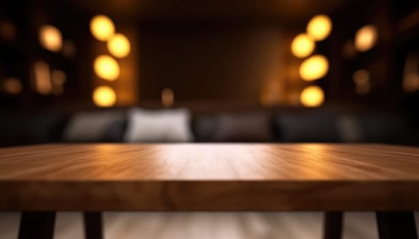 Empty wooden table for product display with blurred dark living room background. Genrative AI.