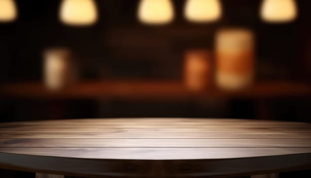 Dark wooden empty table for product display with blurrd living room background. Generative AI.