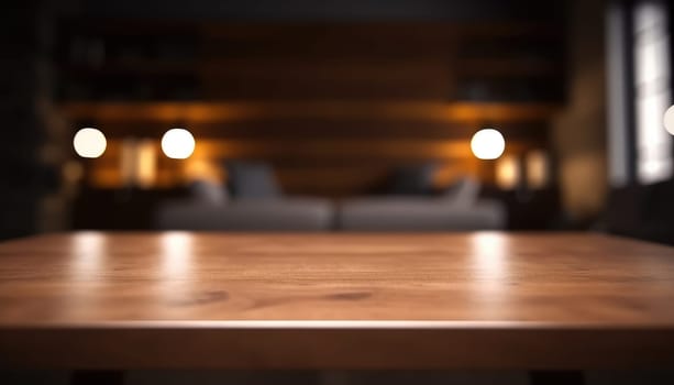 Dark wooden empty table for product display with blurrd living room background. Generative AI.