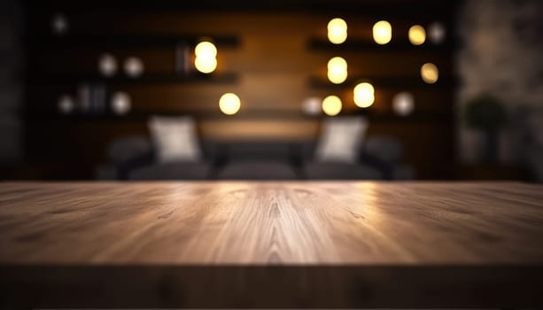 Empty wooden table with copy space against dark rustic living room background. Generative AI.