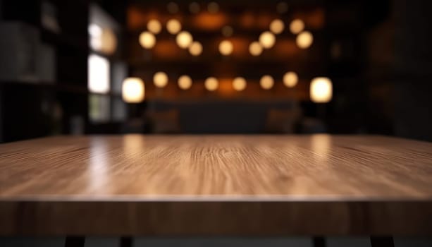 Empty wooden table with copy space against dark rustic living room background. Generative AI.