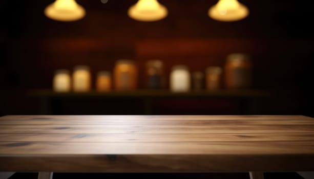 Dark wooden empty table for product display with blurrd living room background. Generative AI.