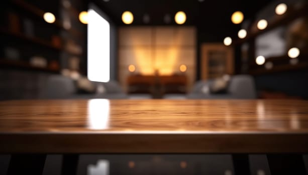 Dark wooden empty table for product display with blurrd living room background. Generative AI.