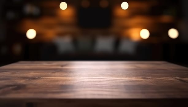 Dark wooden empty table for product display with blurrd living room background. Generative AI.