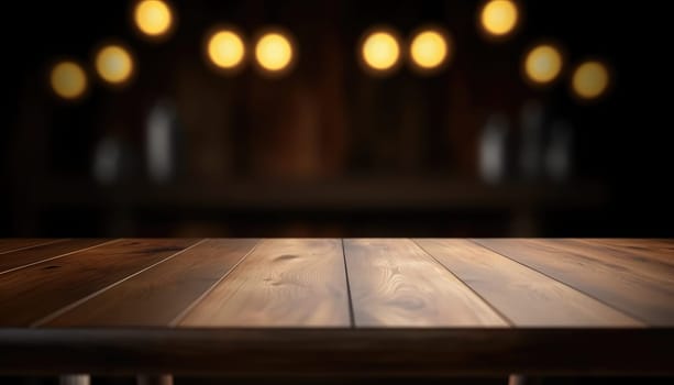 Empty wooden table with copy space against dark rustic living room background. Generative AI.