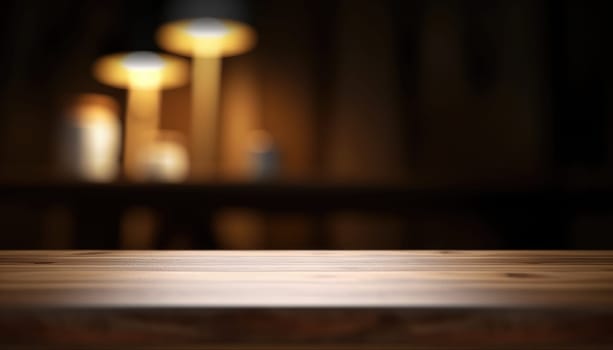 Dark wooden empty table for product display with blurrd living room background. Generative AI.