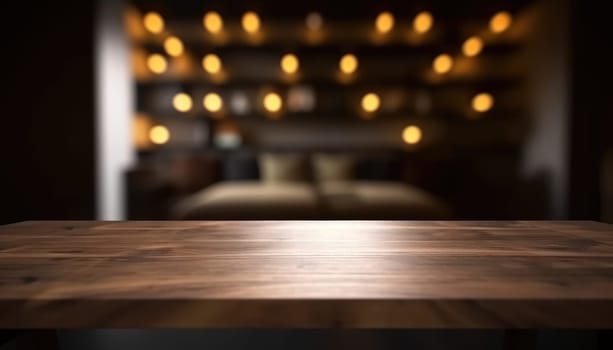 Dark wooden empty table for product display with blurrd living room background. Generative AI.