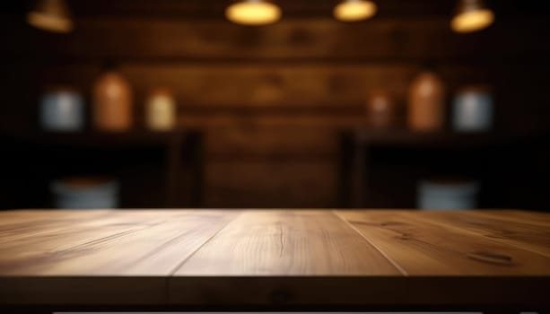 Dark wooden empty table for product display with blurrd living room background. Generative AI.