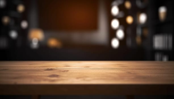 Dark wooden empty table for product display with blurrd living room background. Generative AI.
