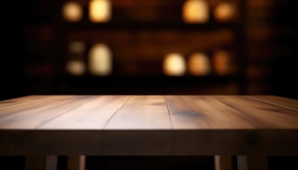 Dark wooden empty table for product display with blurrd living room background. Generative AI.