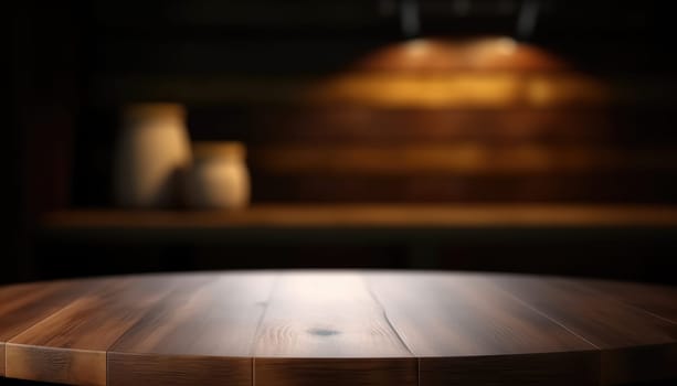 Dark wooden empty table for product display with blurrd living room background. Generative AI.