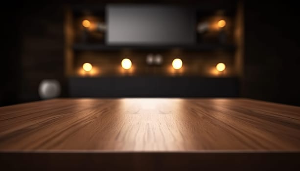 Dark wooden empty table for product display with blurrd living room background. Generative AI.