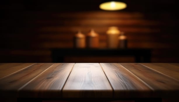 Dark wooden empty table for product display with blurrd living room background. Generative AI.