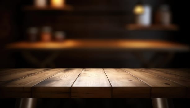 Dark wooden empty table for product display with blurrd living room background. Generative AI.