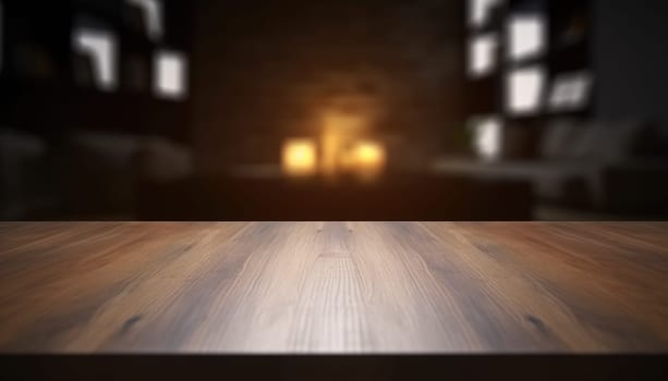 Dark wooden empty table for product display with blurrd living room background. Generative AI.