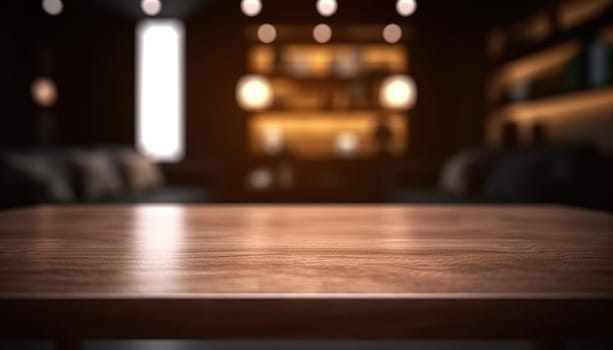 Dark wooden empty table for product display with blurrd living room background. Generative AI.