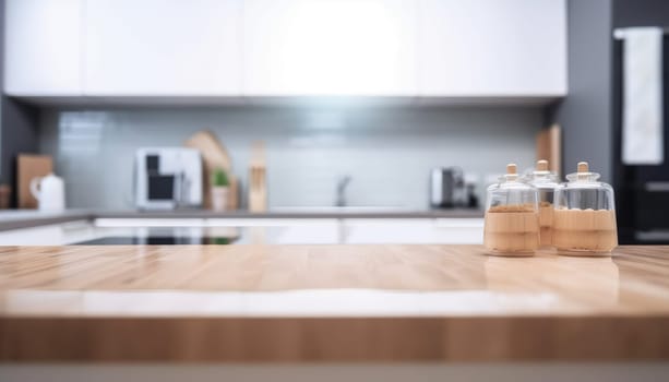 Empty top wooden kitchen counter with white kitchen in the background. Generative AI.