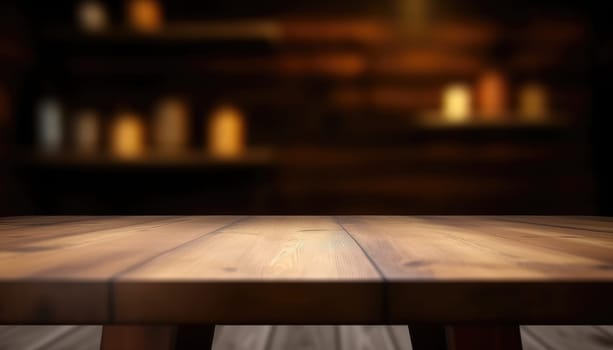 Dark wooden empty table for product display with blurrd living room background. Generative AI.