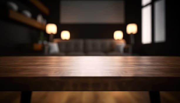 Empty table in dark trendy living room with blurred background. Generative AI.