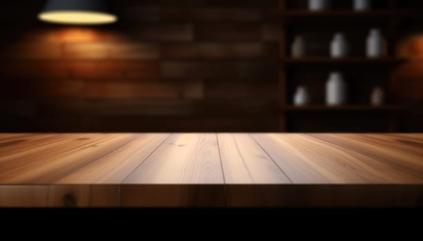 Dark wooden empty table for product display with blurrd living room background. Generative AI.