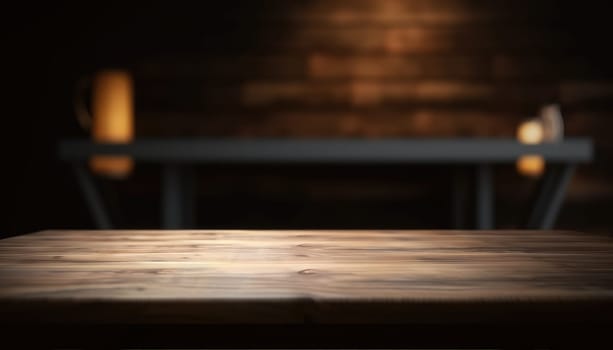 Empty wooden table for product display with blurred dark living room background. Genrative AI.