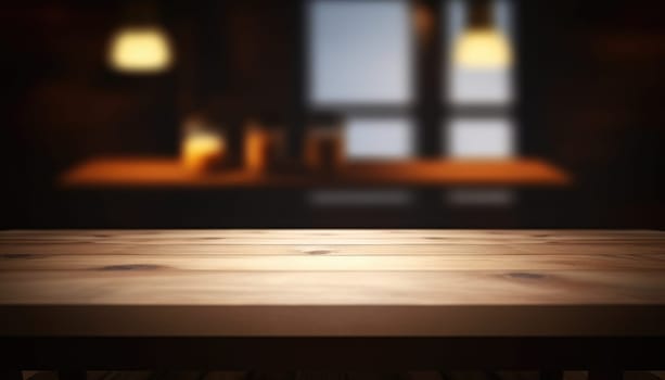 Dark wooden empty table for product display with blurrd living room background. Generative AI.