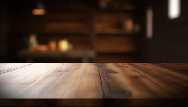 Empty table in dark trendy living room with blurred background. Generative AI.