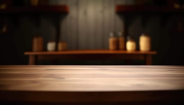 Empty table in dark trendy living room with blurred background. Generative AI.