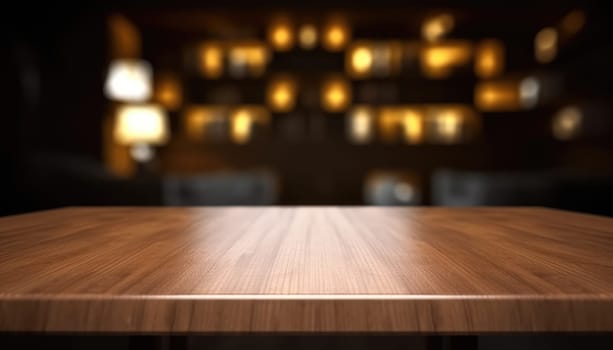 Empty table in dark trendy living room with blurred background. Generative AI.