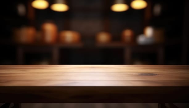 Empty table in dark trendy living room with blurred background. Generative AI.