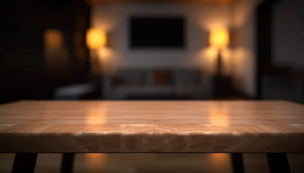 Empty table in dark trendy living room with blurred background. Generative AI.