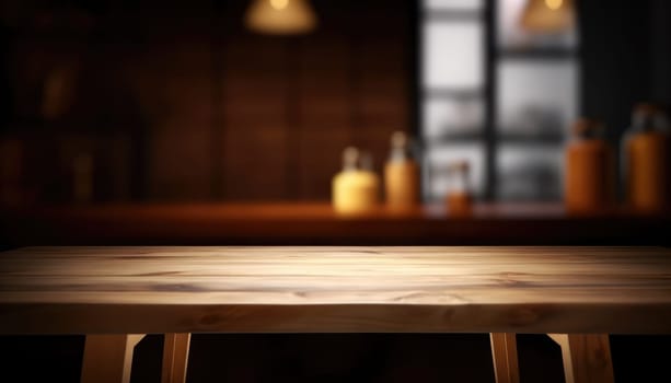 Empty table in dark trendy living room with blurred background. Generative AI.