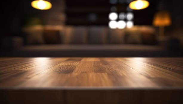 Dark wooden empty table for product display with blurrd living room background. Generative AI.