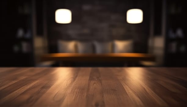 Empty table in dark trendy living room with blurred background. Generative AI.