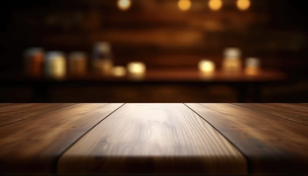 Empty table in dark trendy living room with blurred background. Generative AI.