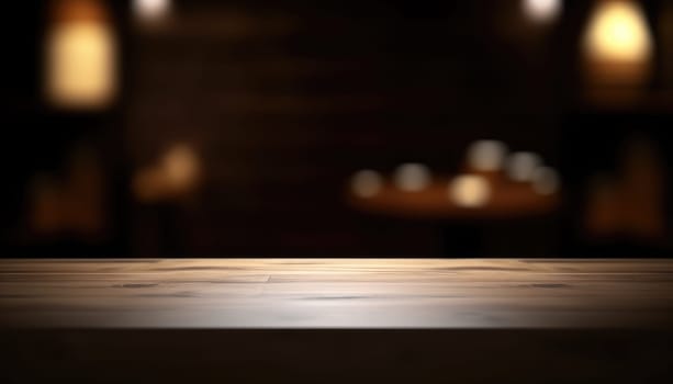 Empty table in dark trendy living room with blurred background. Generative AI.