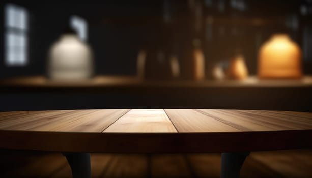 Empty table in dark trendy living room with blurred background. Generative AI.