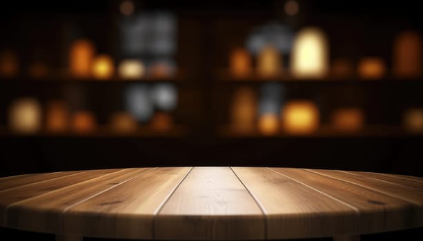 Empty table in dark trendy living room with blurred background. Generative AI.