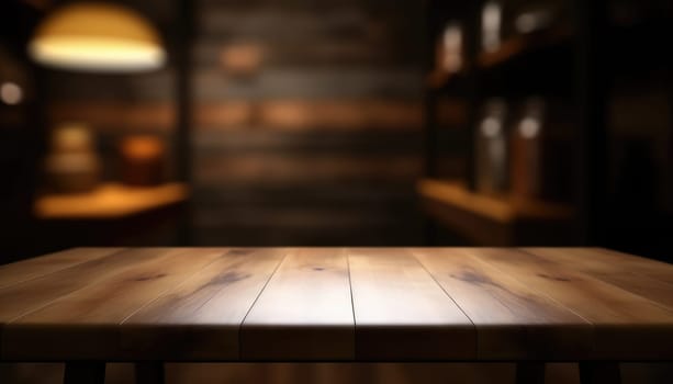 Dark wooden empty table for product display with blurrd living room background. Generative AI.