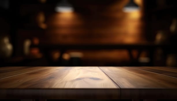 Empty table in dark trendy living room with blurred background. Generative AI.